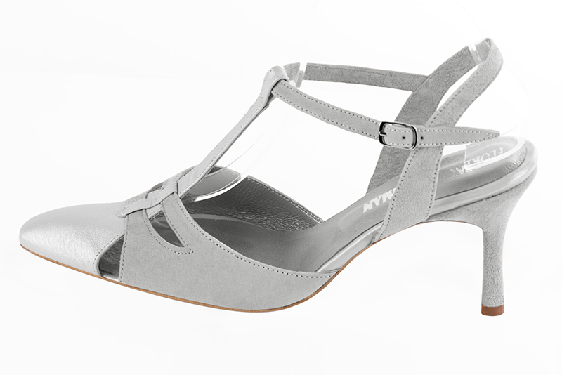 Light silver and pearl grey women's open back T-strap shoes. Tapered toe. High slim heel. Profile view - Florence KOOIJMAN